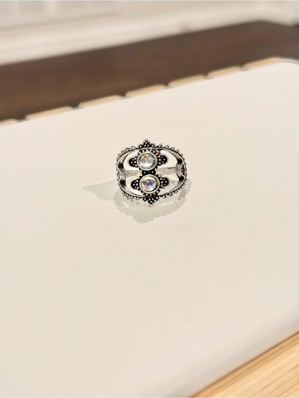 Vintage Silver Tone Size 6 Moonstone Filigree Statement Ring Boho